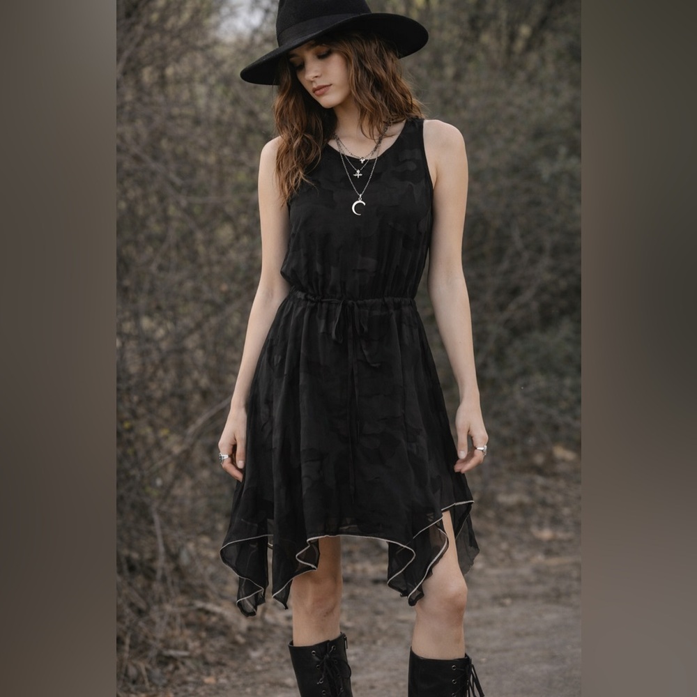 Diesel Black Sheer Burnout Dress Asymmetrical Hem Mini Boho Chic XS S